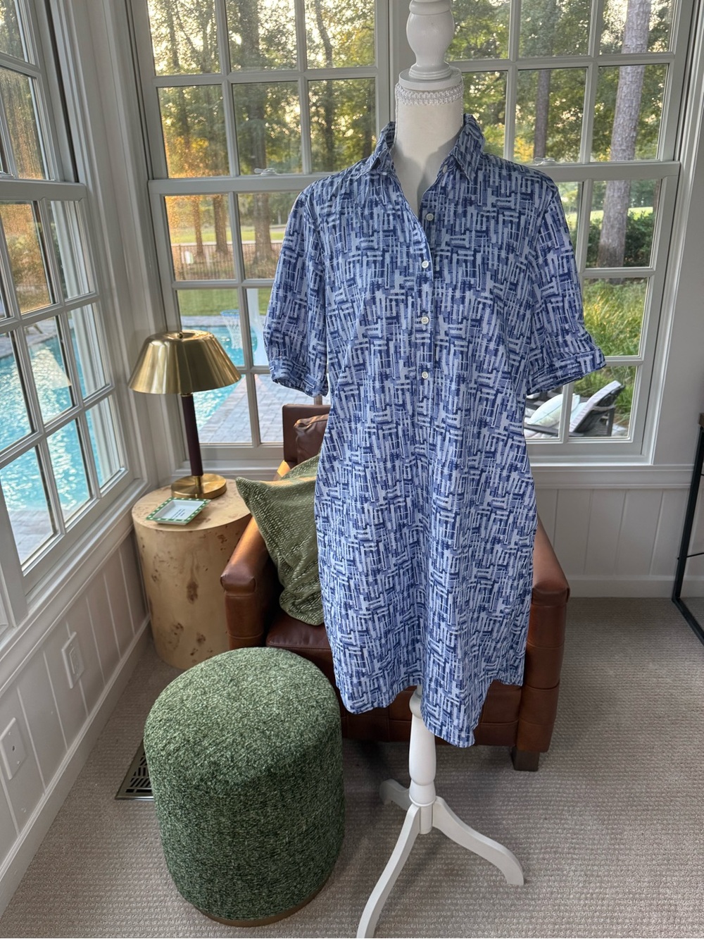J. McLaughlin Arissa Dress Blue Patterned Short-Sleeve Buttons Pockets Size M